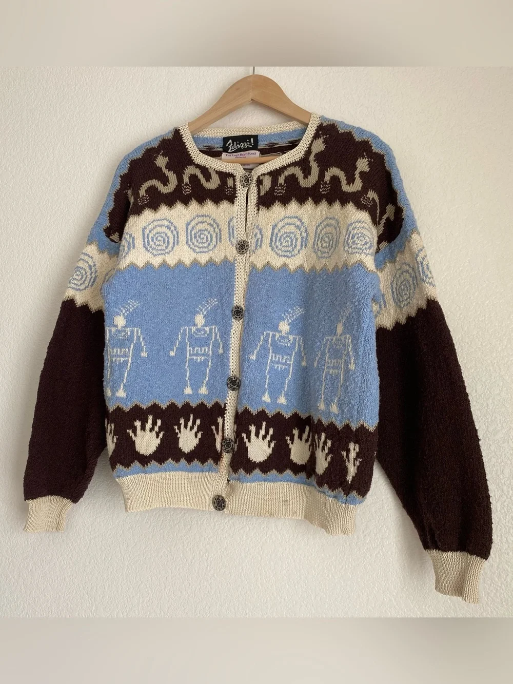 Vintage Felizzi hieroglyphic parietal art hand loomed knitted cardigan sweater - Picture 8 of 16